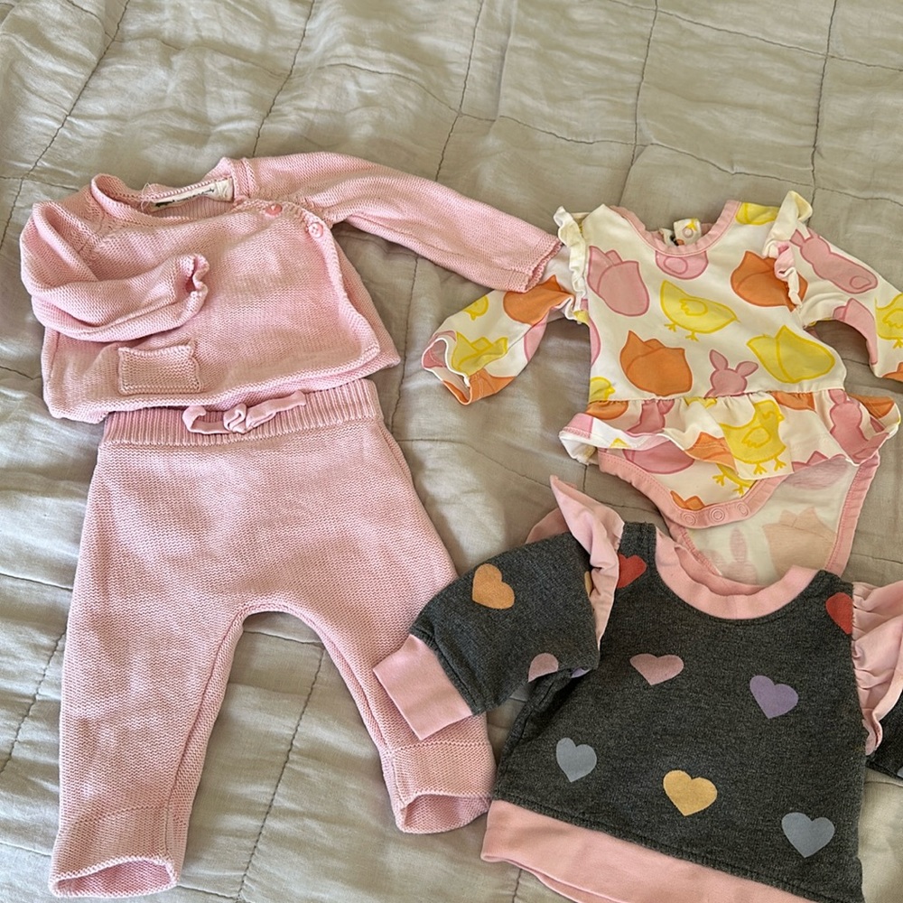 Bundle Monica and Andy pink baby girl newborn going home outfit onesie